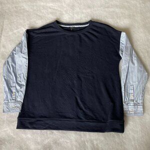 Talbots Womens Navy Blue Striped Shirt Sleeve Crew Neck French Terry Top Size L